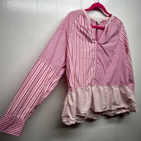 Free Assembly Striped Long Sleeve Ruffle Hem Womens Cotton Top Size XL Pullover - Picture 5 of 11